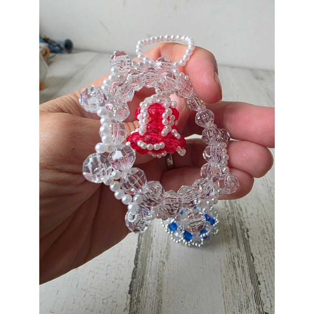 Vintage wreath beaded ornament red blue Xmas tree
